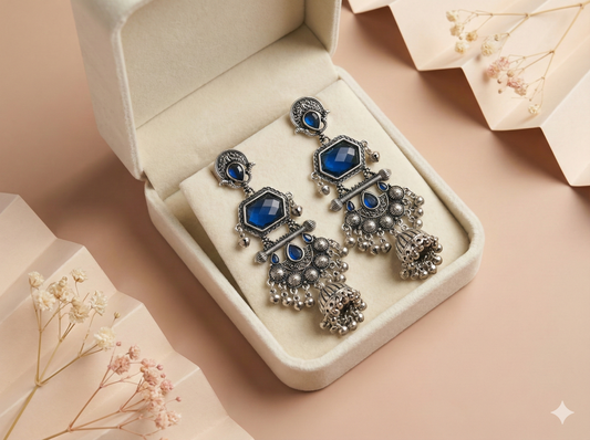 Cobalt Hexagon Tribal Jhumkas
